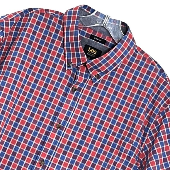 Lee Other - Lee Mens Shirt XL Blue Red Check Button Up Short Sleeve Stretch Patriotic Casual